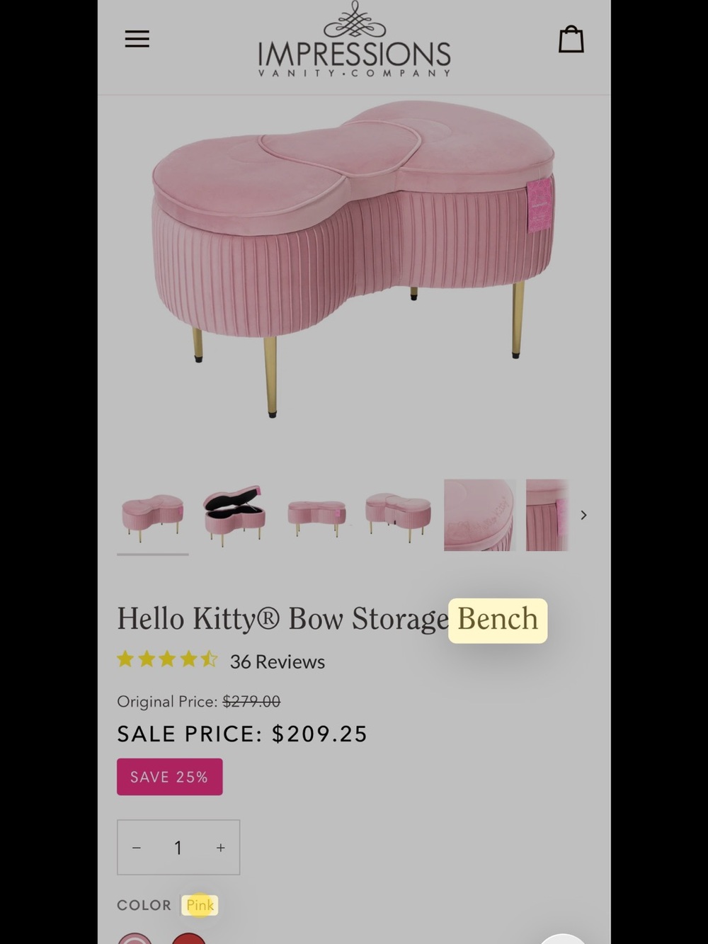 Hello Kitty Pink Velvet Bow Accent Stool